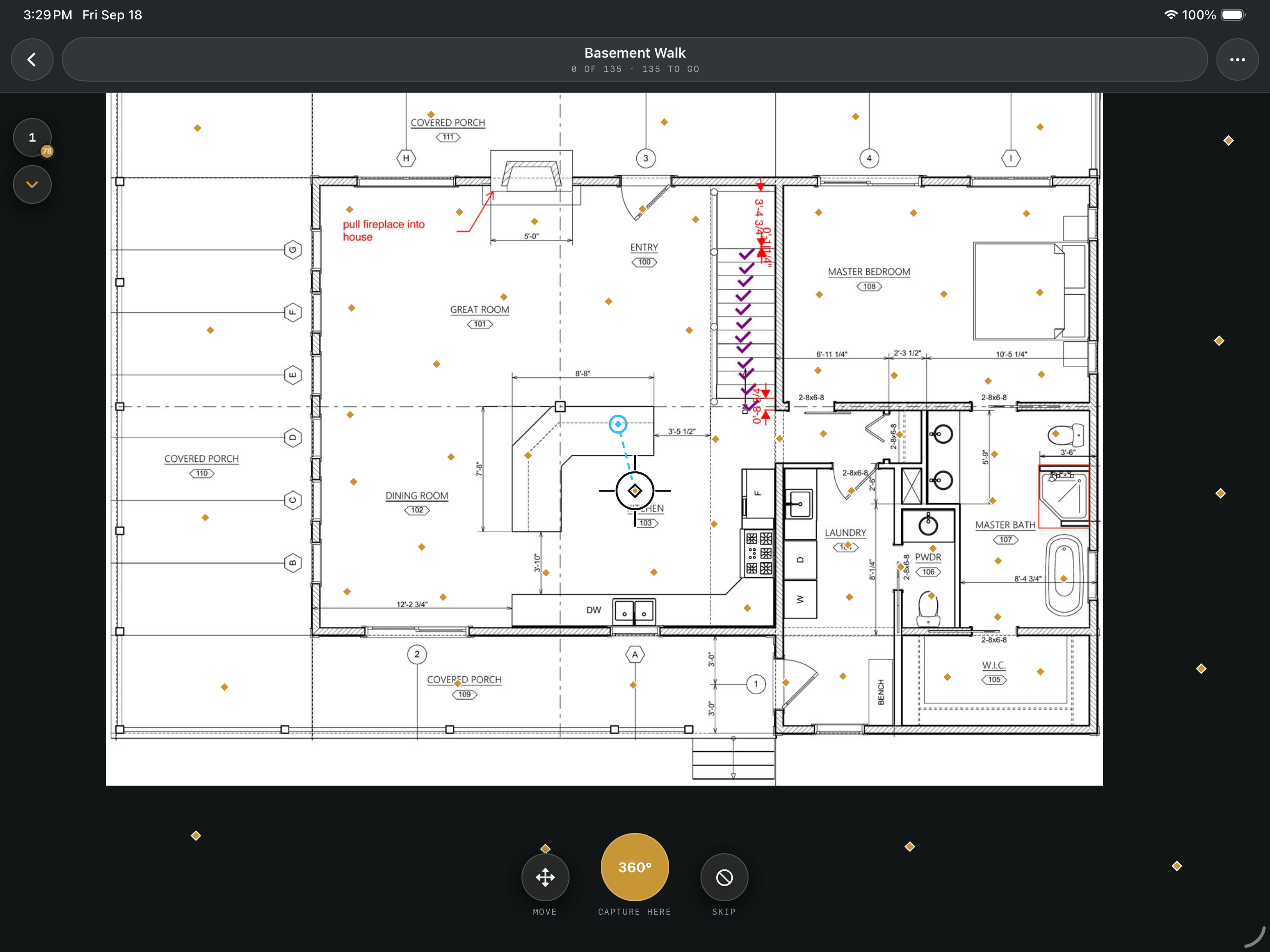 BuildVault Capture app on an iPad showing a selected route marker on a residential floor plan